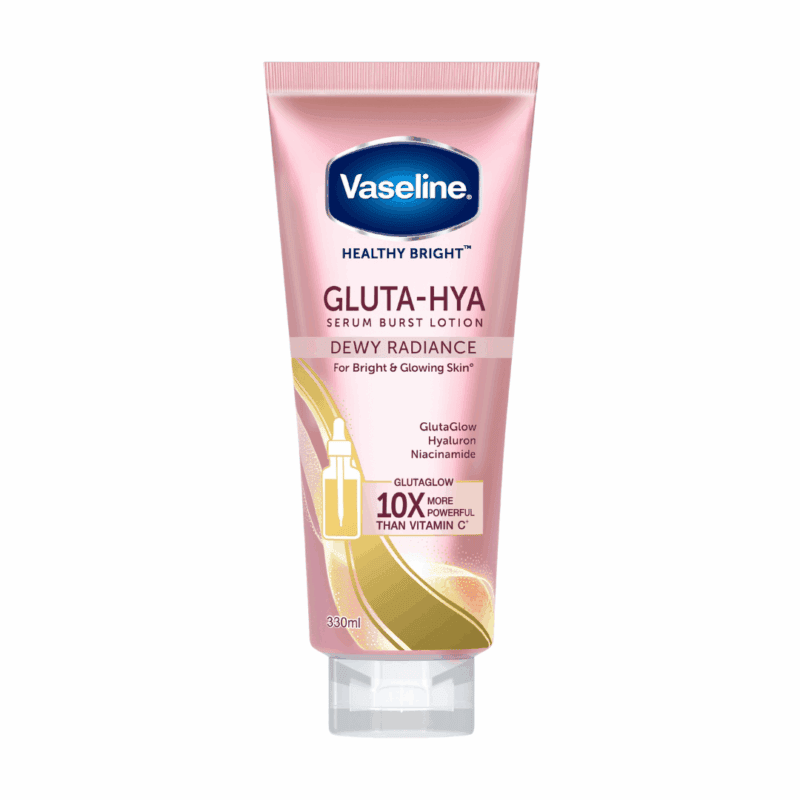 Front view of Vaseline Healthy Bright Gluta-Hya Serum Burst Lotion in a pink squeeze tube, labeled “Dewy Radiance,” featuring GlutaGlow, Hyaluron, and Niacinamide, on a clean white background.