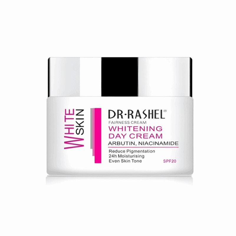 Dr. Rashel Whitening Day Cream SPF 20 with arbutin and niacinamide in white jar on plain background