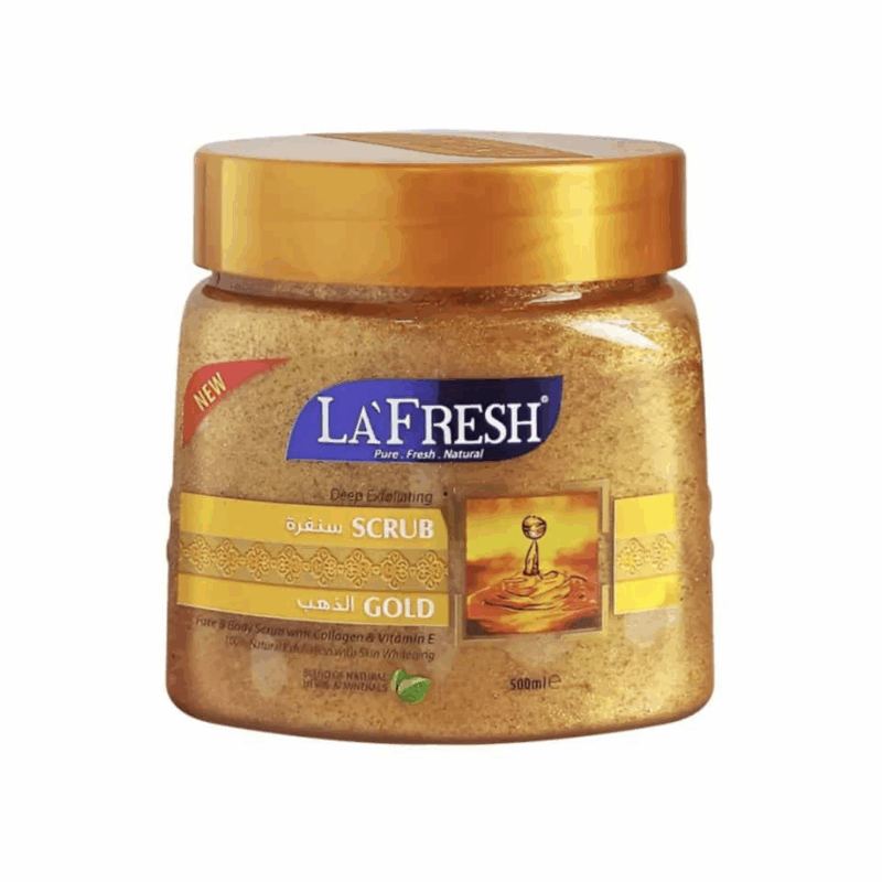 La’Fresh Gold scrub jar with golden exfoliating texture, featuring deep exfoliating face and body scrub formula enriched with gold, collagen, and vitamin E in a 500ml container.