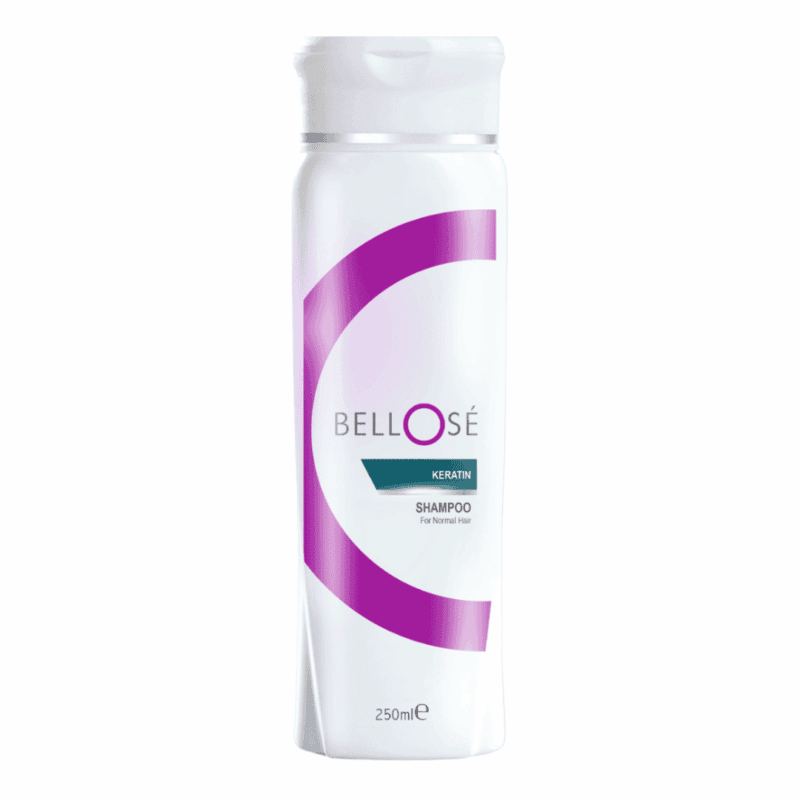 White Bellose Keratin shampoo bottle with a purple curved design on the label, featuring “Keratin Shampoo for Normal Hair” text, displayed on a clean white background, 250ml size.