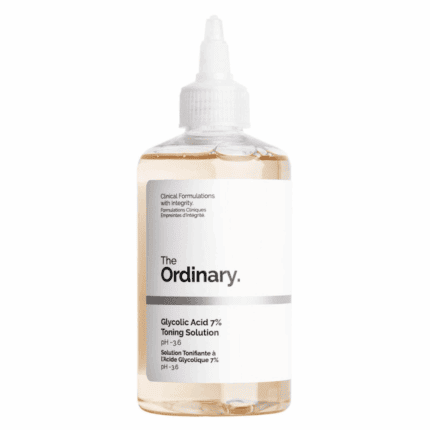 The Ordinary Glycolic Acid 7% Toning Solution in a clear bottle with a white label and nozzle cap, showing a light amber liquid, designed for gentle exfoliation and skin smoothing.