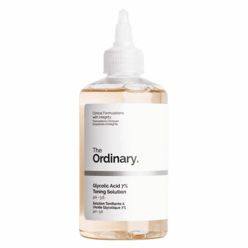 The Ordinary Glycolic Acid 7% Toning Solution in a clear bottle with a white label and nozzle cap, showing a light amber liquid, designed for gentle exfoliation and skin smoothing.