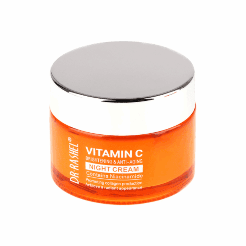Dr. Rashel Vitamin C Brightening Face Night Cream 50g in an orange translucent jar with a silver lid, featuring brightening and anti-aging benefits with niacinamide, shown on a white background.