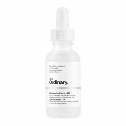 The Ordinary Alpha Arbutin 2% + HA serum bottle on white background