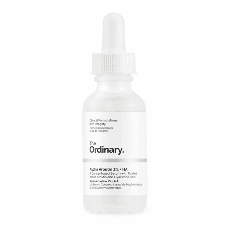 The Ordinary Alpha Arbutin 2% + HA serum bottle on white background