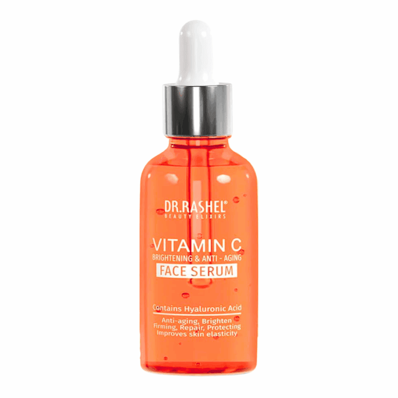 Dr. Rashel Vitamin C face serum in an orange glass dropper bottle with silver cap, labeled “Brightening & Anti-Aging,” containing hyaluronic acid to help brighten skin, improve elasticity, and support a youthful glow.