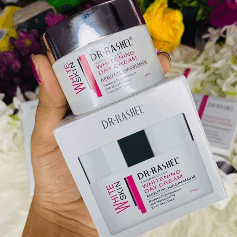 Dr. Rashel Whitening Day Cream jar held in hand with original box, arbutin niacinamide formula