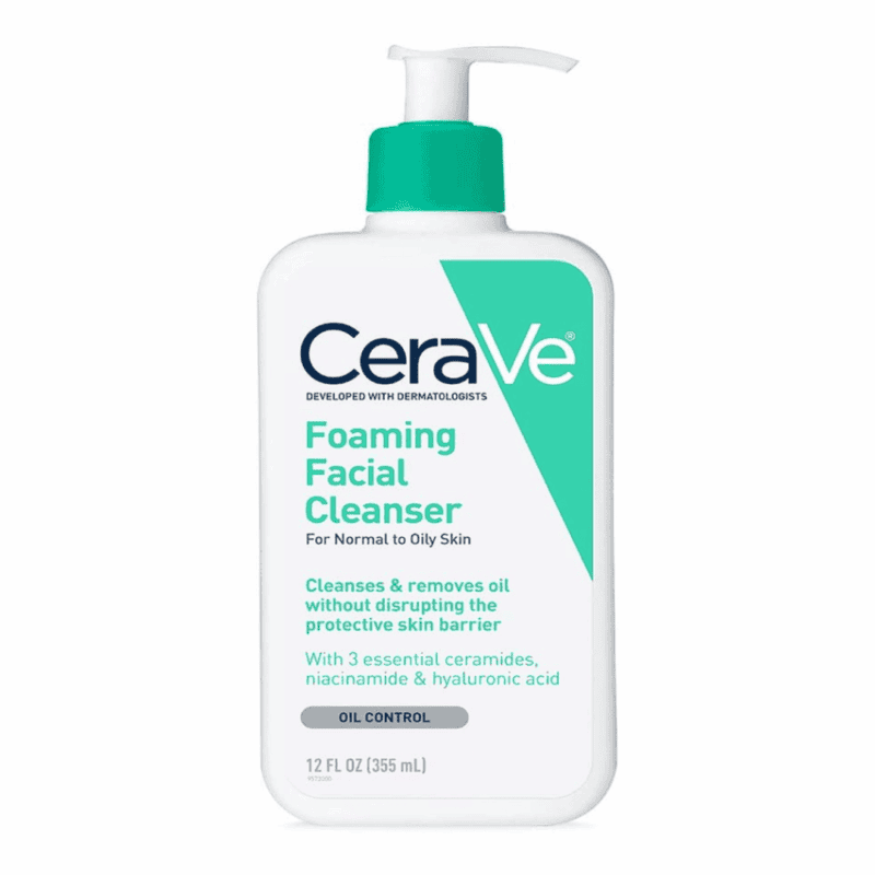 CeraVe Foaming Facial Cleanser 355ml bottle front view with pump, for normal to oily skin
