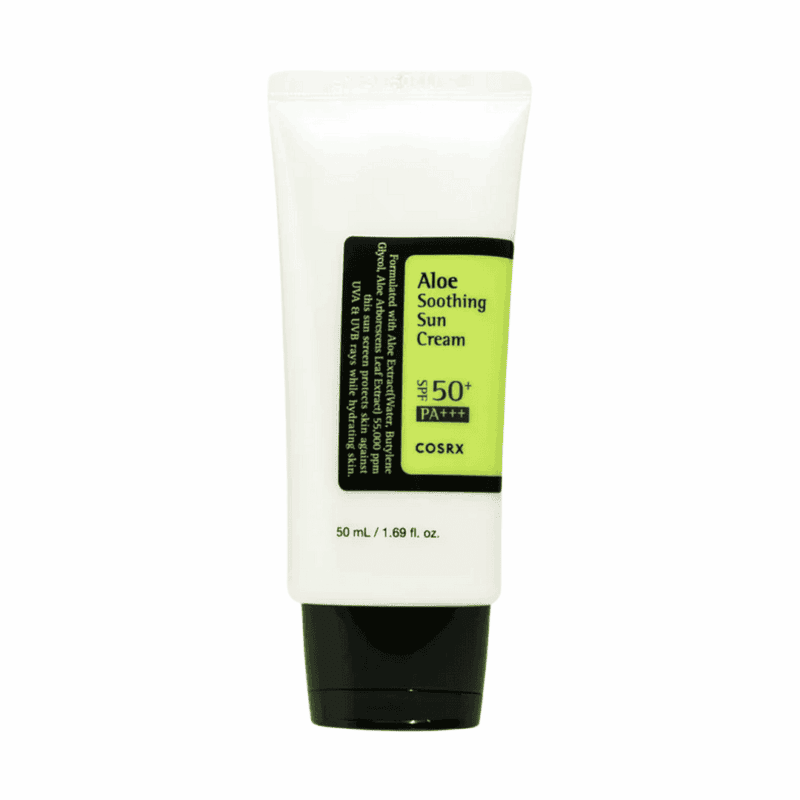 COSRX Aloe Soothing Sun Cream SPF 50+ PA+++ 50ml tube on white background with black cap
