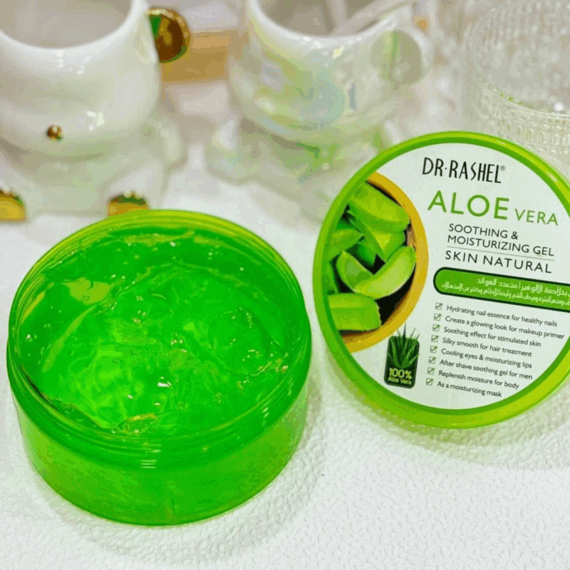 Top view of Dr. Rashel Aloe Vera gel with lid removed, highlighting smooth translucent green gel consistency