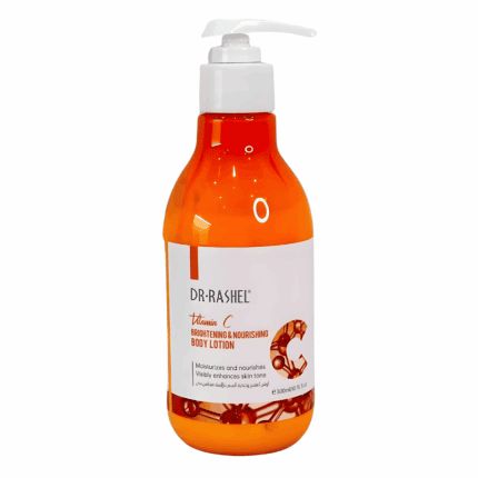 Dr Rashel Vitamin C brightening and nourishing body lotion bottle with pump on white background