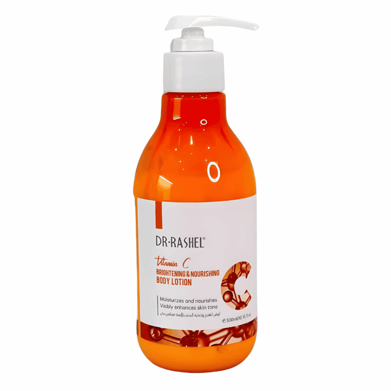 Dr Rashel Vitamin C brightening and nourishing body lotion bottle with pump on white background