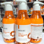 Multiple Dr Rashel Vitamin C brightening and nourishing body lotion bottles displayed together on store shelf