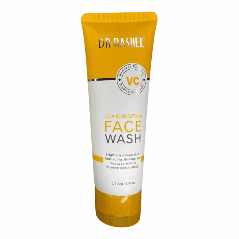 Dr. Rashel Vitamin C brightening face wash tube with yellow and white packaging on white background
