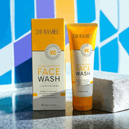 Dr. Rashel Vitamin C brightening face wash tube displayed with box on colorful tiled background