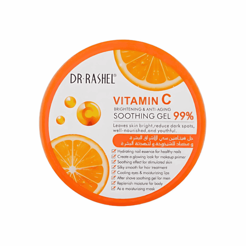 Dr. Rashel Vitamin C Soothing Gel 99% lid design with orange slices and vitamin C graphics on white background