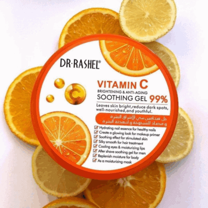 Dr. Rashel Vitamin C Brightening Soothing Gel placed on sliced oranges, highlighting citrus vitamin C theme