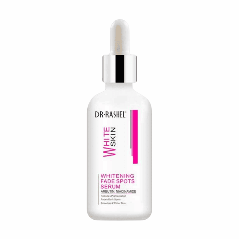 Dr. Rashel Whitening Fade Spots Serum bottle isolated on white background with dropper cap, formulated with arbutin and niacinamide.