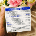 Back view of Garnier Bright Complete Vitamin C yoghurt night cream box showing product description and directions