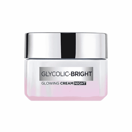L’Oréal Paris Glycolic-Bright Glowing Cream Night jar with silver lid on white background