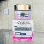 L’Oréal Paris Glycolic-Bright Glowing Night Cream jar placed on product box