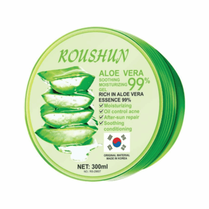 Studio pack shot of Roushun Aloe Vera 99% soothing moisturizing gel 300ml with green container on a white background.