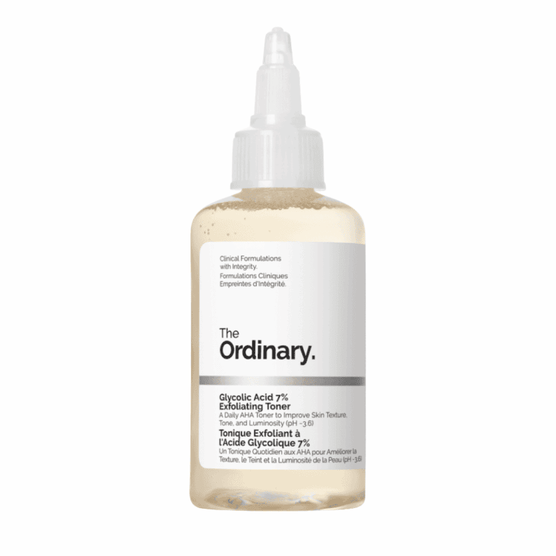 Single bottle of The Ordinary Glycolic Acid 7% Exfoliating Toner isolated on a white background