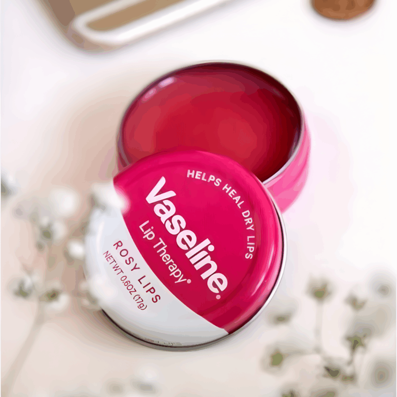 Open Vaseline Rosy Lips Lip Therapy tin showing pink balm texture on a soft, minimal background