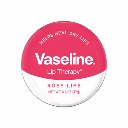 Vaseline Rosy Lips Lip Therapy 17g tin isolated on a white background showing brand and product name