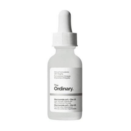 The Ordinary Niacinamide 10% + Zinc 1% serum in frosted glass dropper bottle on a white background