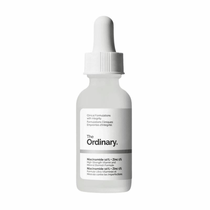 The Ordinary Niacinamide 10% + Zinc 1% serum in frosted glass dropper bottle on a white background