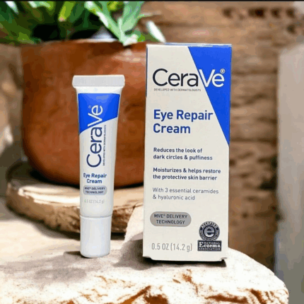 CeraVe Eye Repair Cream tube displayed next to original box on wooden surface