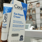 Close-up of CeraVe Eye Repair Cream tube and box highlighting eye repair benefits