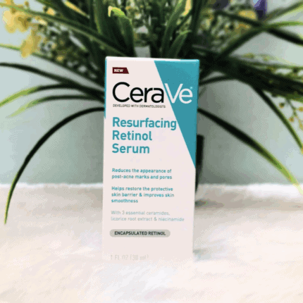 CeraVe Resurfacing Retinol Serum box highlighting post acne marks treatment with ceramides and niacinamide