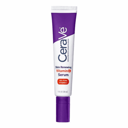 CeraVe Skin Renewing Vitamin C Serum tube with purple and white packaging on white background