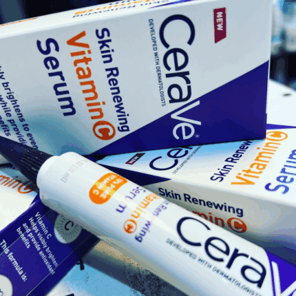 CeraVe Skin Renewing Vitamin C Serum tube placed among branded boxes in retail display
