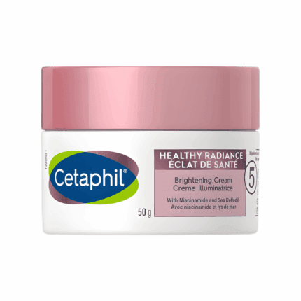 Cetaphil Healthy Radiance Brightening Cream jar with pink lid and niacinamide formula on white background