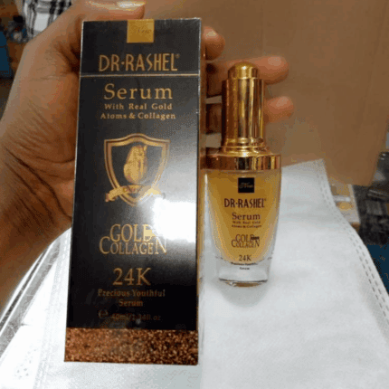 Dr Rashel 24K Gold Collagen Precious Youthful Serum bottle displayed next to original black and gold box