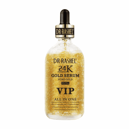 Dr. Rashel 24K Gold VIP all-in-one serum bottle with gold flakes on white background