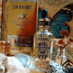 Dr. Rashel 24K Gold VIP serum displayed with packaging box on decorative background