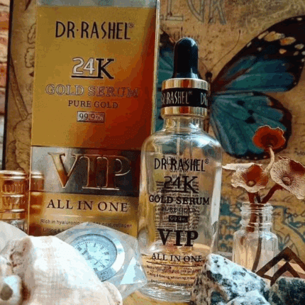Dr. Rashel 24K Gold VIP serum displayed with packaging box on decorative background