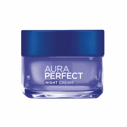 L’Oréal Paris Aura Perfect Night Cream jar with blue lid displayed on a white background