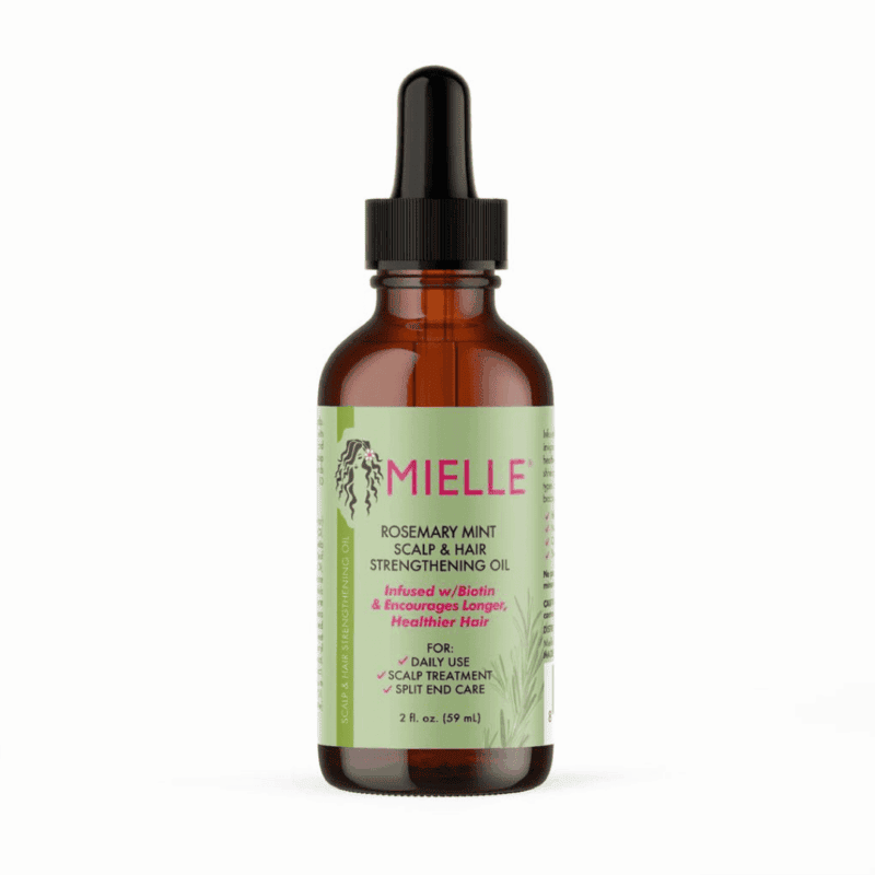 Mielle Rosemary Mint Scalp and Hair Strengthening Oil bottle with dropper on white background