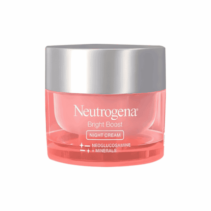 Neutrogena Bright Boost Night Cream jar showing pink gel texture with silver lid and Neoglucosamine minerals formula