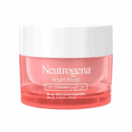 Neutrogena Bright Boost gel cream jar with pink translucent base and white lid on white background