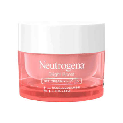 Neutrogena Bright Boost gel cream jar with pink translucent base and white lid on white background
