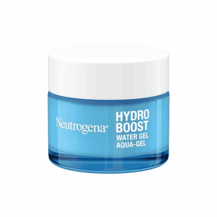 Neutrogena Hydro Boost Water Gel moisturizer jar with blue gel and white lid on white background