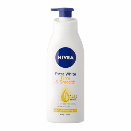 NIVEA Extra White Firm and Smooth body lotion bottle with Q10 and vitamin C on white background
