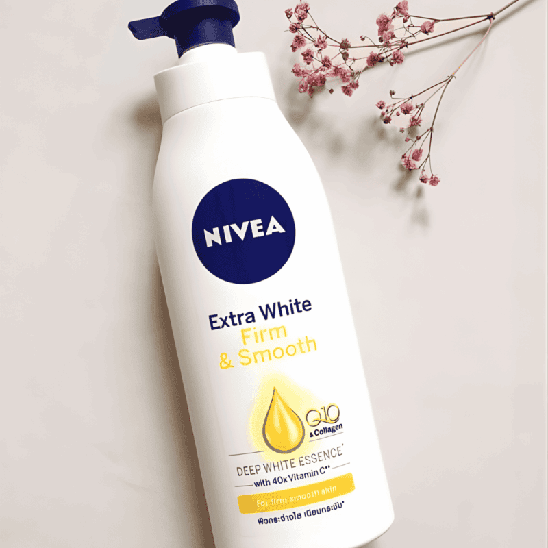 NIVEA Extra White Firm and Smooth body lotion laid flat with pump top and decorative dried flowers