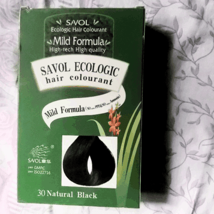 Savol Ecologic hair colourant mild formula natural black box photographed on fabric background